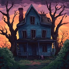 Creepy Abandoned Haunted House at Dusk with Gnarled Trees and Ominous Sky in Cartoon Halloween Inspired Digital
