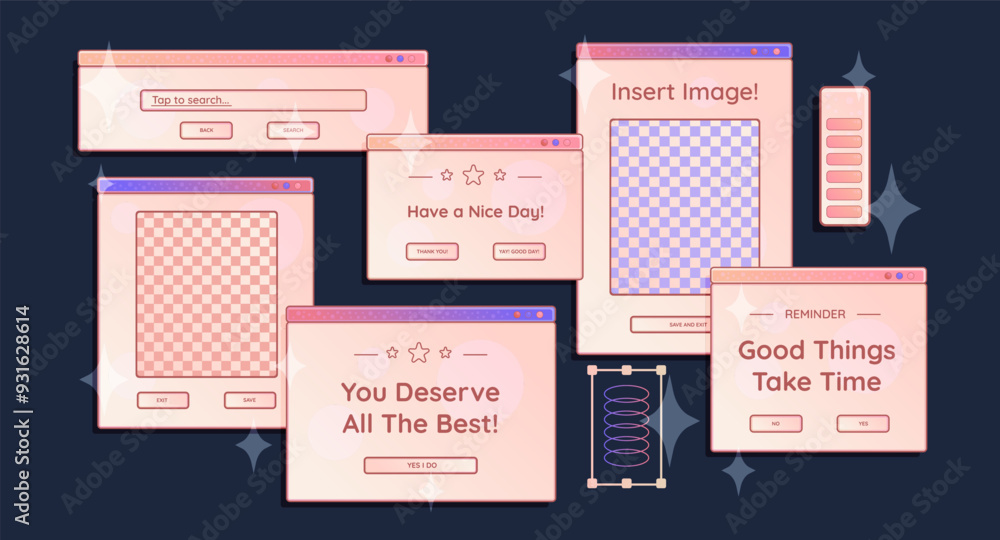 Aufkleber computer screens, opened windows with short phrases and elements, loading bars. graphic design stick
