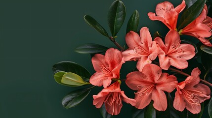 Obraz premium Azaleas flowers with leaves iink flowers isolated on green background with clipping path