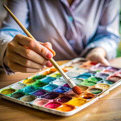 Naklejka premium Artist's Hand Mixing Watercolors with a Brush