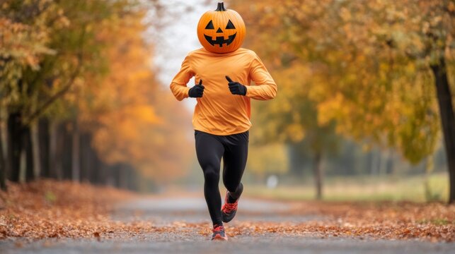 Pumpkin-headed runner strides powerfully against the backdrop of strikingly colored fall foliage during a Halloween marathon 