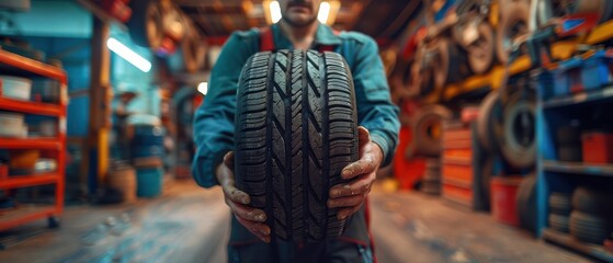 Obraz premium Mechanic holding a new tire in an auto repair shop, ready for installation.