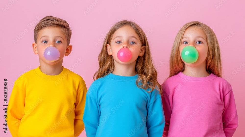 Poster three children standing in a line with synchronized bubble gum bubbles in pastel colors against a so