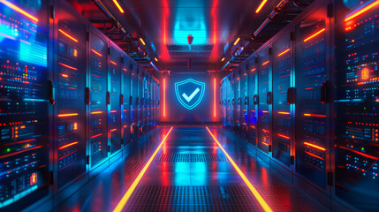The data center is bathed in shades of blue and orange at the end with a prominent central hologram featuring a blue security shield icon. Technology concept.