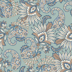 Paisley and ethnic flowers seamless vector pattern. floral vintage background