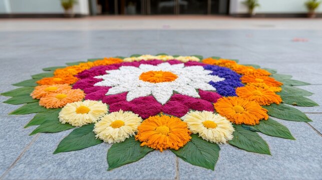Vibrant rangoli design made with colored powders and fresh flowers in front of a shop entrance, symbolizing prosperity and positivity on Labh Pancham 