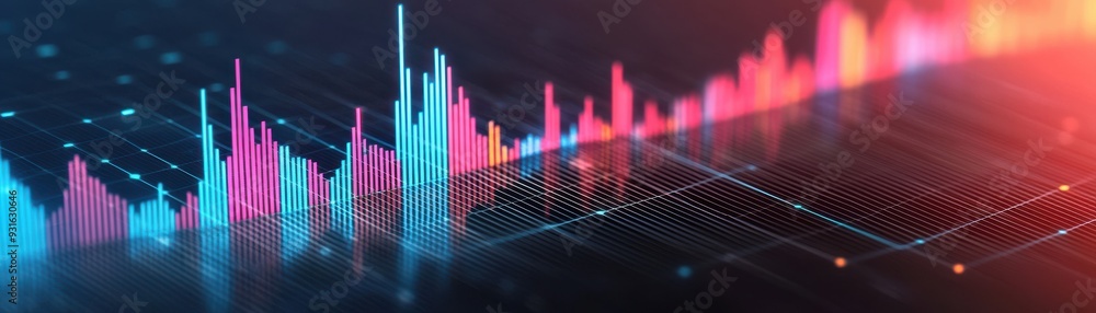 Poster dynamic visualization of financial data with vibrant colors, representing market trends and analytic