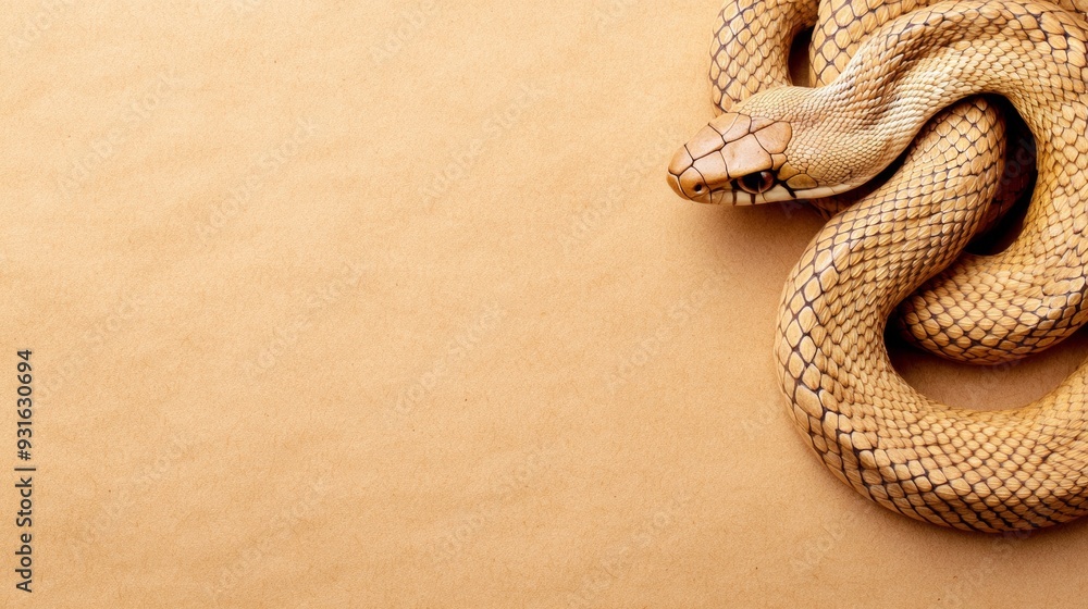 Poster vintage postcard design featuring a coiled snake with intricate scales in warm earth tones set again