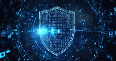 A shield surrounded by digital code and cyber symbols, representing the protection of personal data in web development for technology concepts or online security themes. 