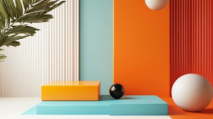 Abstract colorful background with geometric shapes and a tropical leaf.  Perfect for product display or design inspiration.