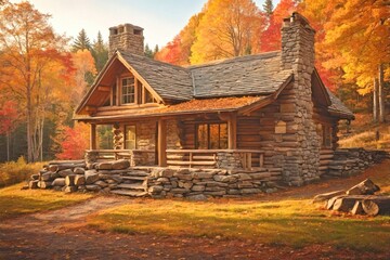Log Cabin with a Stone Chimney in an Autumn Forest
