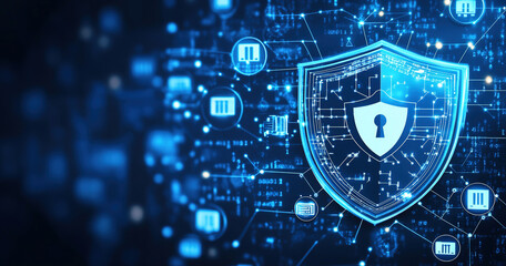 Obraz premium A shield surrounded by digital code and cyber symbols, representing the protection of personal data in web development for technology concepts or online security themes. 