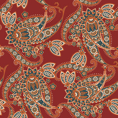 Floral seamless pattern with paisley ornament. illustration in asian textile style