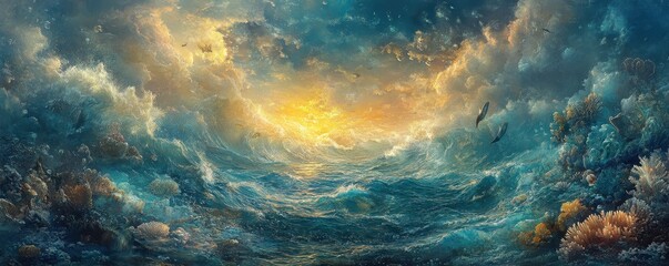 A stunning seascape with dramatic clouds and vibrant colors, depicting the beauty of nature at dawn over the ocean.