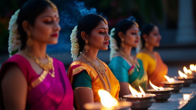 Women in bright ghagra-cholis performing the Durga aarti in a decorated courtyard with flower garlands, incense smoke, and diya lamps glowing under the night sky 