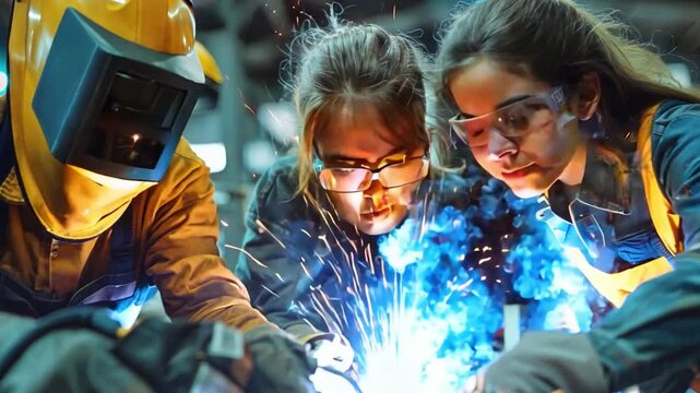 A technical workshop scene shows students wearing protective gear and focusing on our tasks as they weld metal pieces