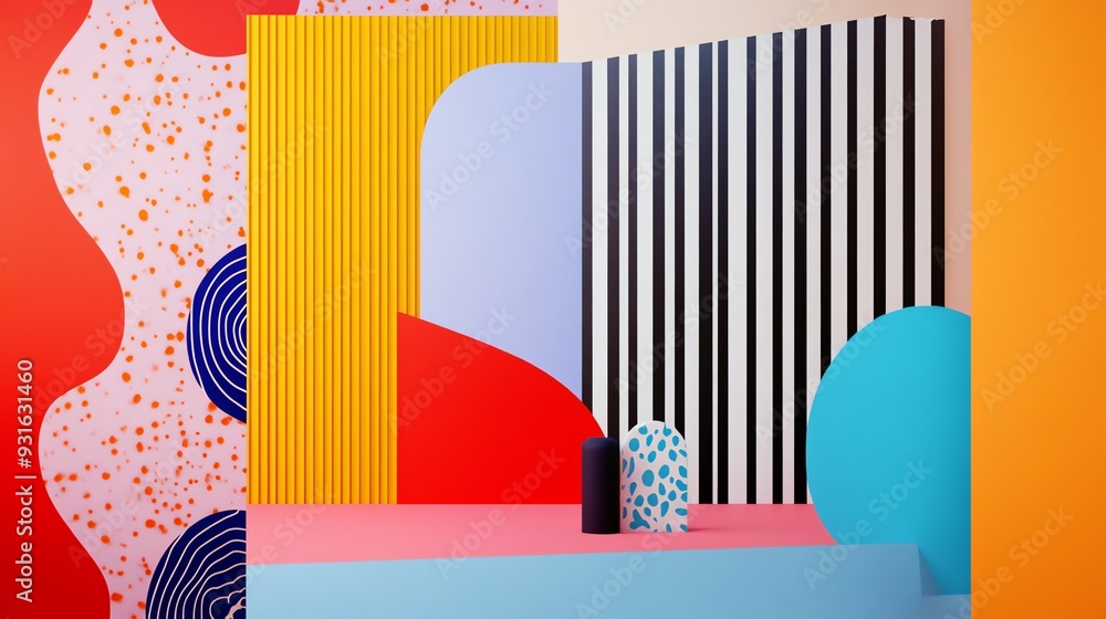 Poster abstract colorful background with geometric shapes and a tropical leaf. perfect for product display 