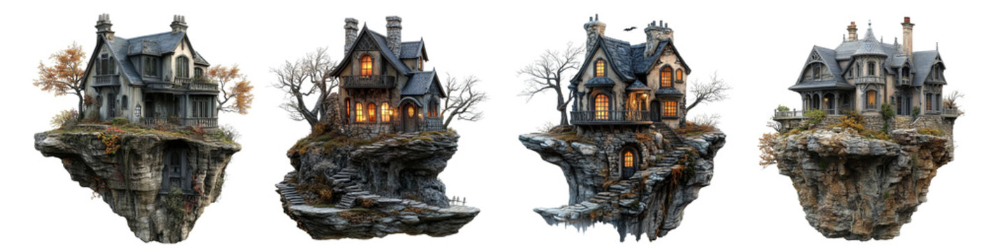 Haunted Victorian house floating on rocky cliff dark fantasy architecture transparent background