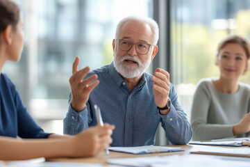 senior business man executive ceo leader discussing project management planning strategy working with diverse colleagues company team
