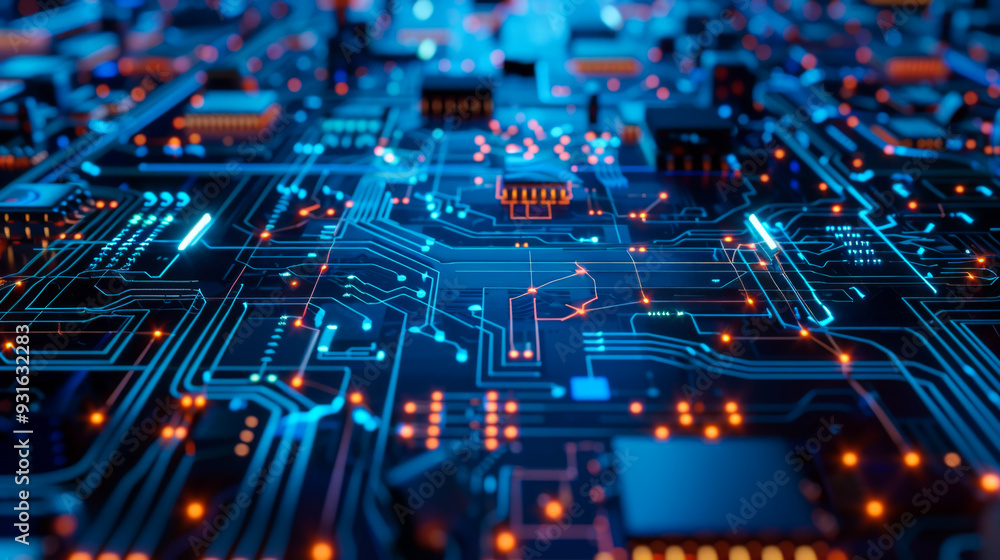 Poster a computer chip is shown in a blue and orange color scheme. the chip is made up of many small square