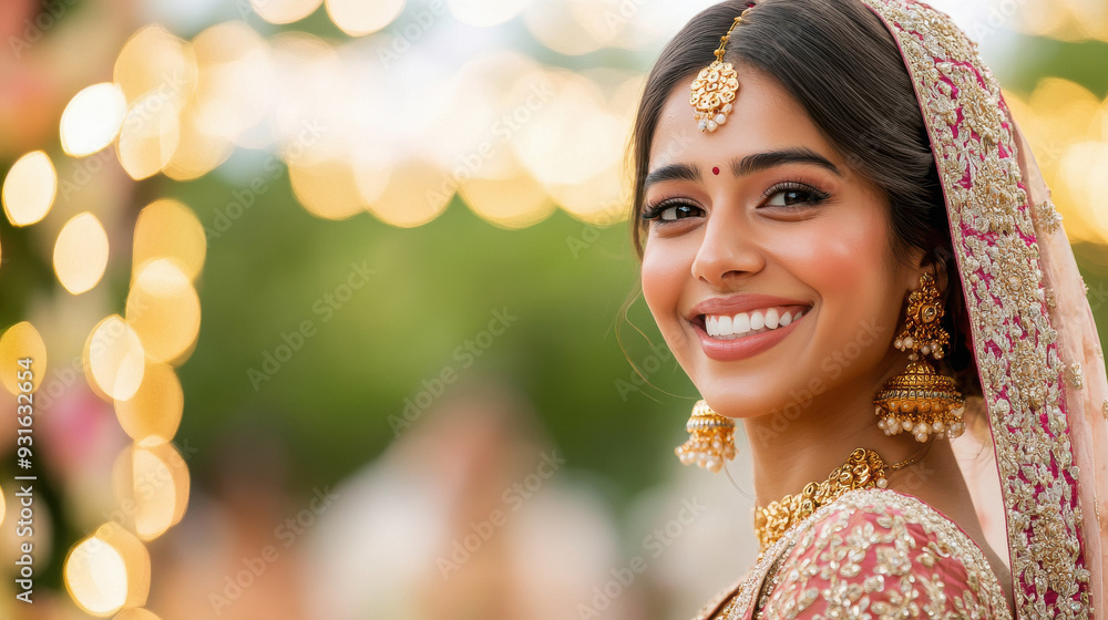 Poster indian bride wearing jwelery and smiling