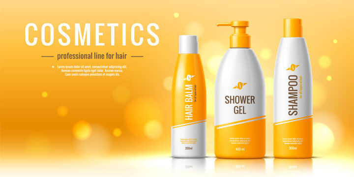 Cosmetic product template. Hair balm, shampoo and shower gel bottles package. realistic 3d vector cosmetics container mockups on bright orange background with bokeh effect. Skin care professional line