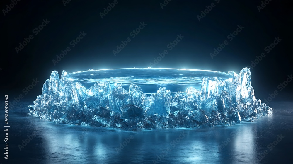 Poster circular ice platform with a glowing center on a reflective surface.