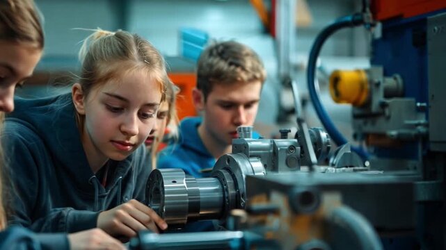 A focused student using a lathe machine under supervision, shaping metal components for their project in a technical workshop