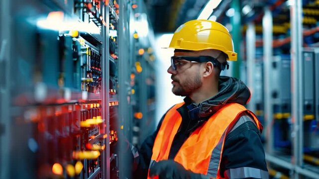 An electrician without a complex wiring diagram works on an industrial electrical system safely, adjusting complex machinery in an industrial factory.
