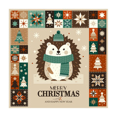 Merry Christmas and Happy New Year! Vector cute winter illustration of  hedgehog. Patchwork style. Perfect for the shirt, greeting card, poster, invitation or print design.