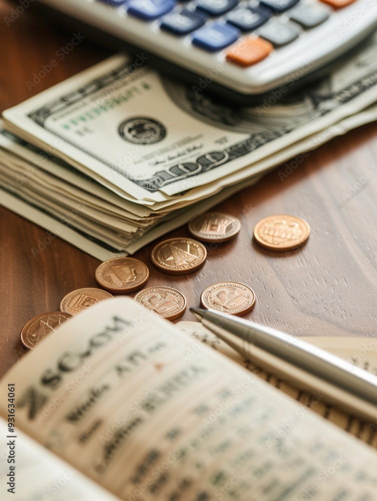 Aufkleber A stack of cash, scattered coins, and an open notebook filled with financial notes and calculations on a wooden surface. Generative AI