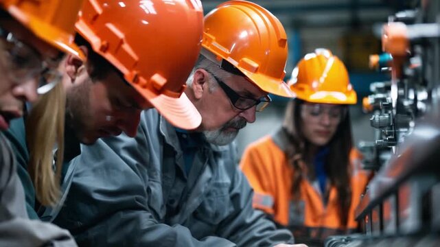 A vocational school instructor demonstrates to apprentices the proper techniques for bending and installing conduit