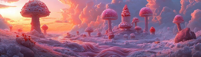 A surreal landscape featuring whimsical pink mushrooms and vibrant clouds at sunset, evoking a dreamy and magical atmosphere.