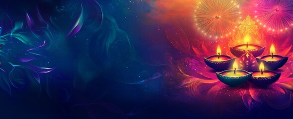 Diwali oil lamps diya with fireworks in warm bokeh background. Wide-format banner with copy space