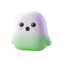 Fototapeta premium Cute 3D rendering of a small ghost character with round eyes and a gradient color from green to purple. Isolated on white background. Halloween Art Toy Character Design.