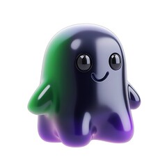 Cute 3D-rendered purple and green ghost character illustration with a cheerful expression on a white background. Halloween Art Toy Character Design.