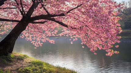 Cherry Tree Planted by the River. A Serene Scene Featuring a Cherry Tree with Vibrant Red Fruit, Nestled Alongside a Gentle Riverbank, Emphasizing Natural Beauty and Tranquility.