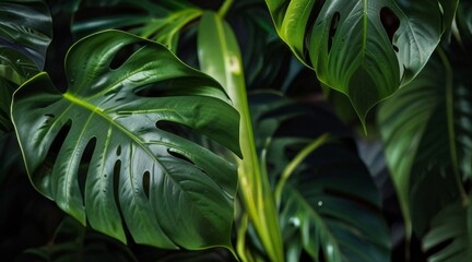 Vibrant green monstera leaves with natural holes, glisten with water droplets against a dark foliage background. Nature, leaves, green tropical forest, background concept. AI generated.