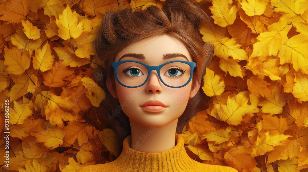 Wall mural 3d cartoon woman surrounded by yellow autumn leaves