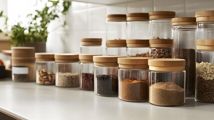 A stylish, eco-conscious packaging concept for premium spices, using a stackable, recycled glass jar set with a bamboo lid and a minimalistic, organic label, presented in a clean, naturally lit