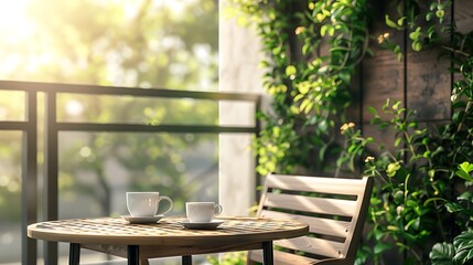 Beautiful sunny afternoon on a modern balcony with wooden coffe table chairs coffee cup and vertical garden