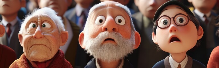 A 3D cartoon image of elderly characters from Japan gazing upwards