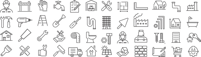 ベクターでモノクロの工事に関する線画アイコンセット