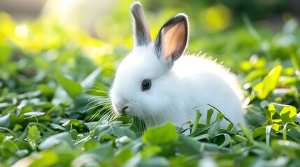 Fototapeta premium Beautiful white fluffy baby rabbit with long black ears playing in green grass