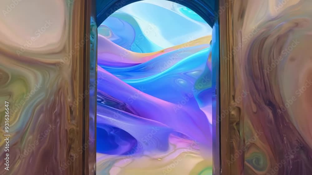 Poster abstract colorful waves viewed through an ornate doorway generative ai