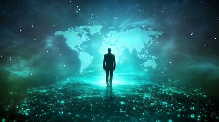 Fototapeta premium A leadership icon figure standing against a backdrop of a glowing digital world map, cool blue and green tones highlighting the figure, with ambient and directional lighting creating a global and
