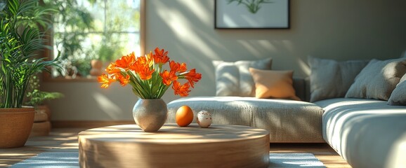 Warm Easter Living Room With Cozy Decor And A Coffee Table Centerpiece, Photo Realistic