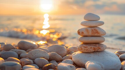Obraz premium A serene sunset over a beach with stacked stones, symbolizing balance and tranquility.