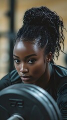 Determined African Woman Lifting Barbell in Gym for Strength Training