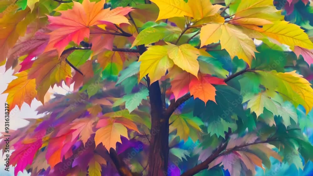 Poster colorful autumn leaves on a maple tree in a serene park setting generative ai